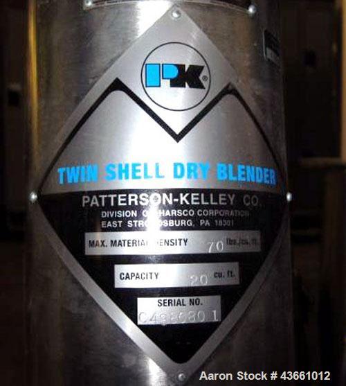 Used Patterson Kelley Twin Shell Blender, 20 Cubic Feet. Stainless steel construciton, rated 70#/ cu. ft. maximum material density, 5 hp, 230/460 volt xp main drive, standard feed ports with covers, ...