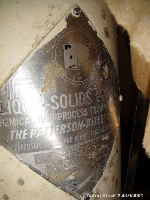 Used Patterson Kelley Twin Shell Liquid-Solids Blender, 5 Cubic Feet Capacity, Stainless Steel. 70 Pounds per cubic foot maximum material density. Liquid solids bar, driven by a 5 hp, 3/60/230/460 vo...