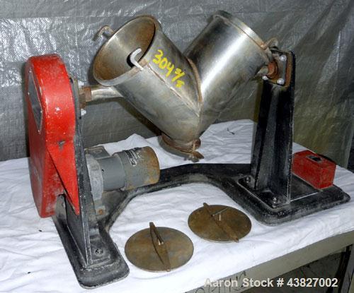 Used Patterson Kelley Twin Shell Dry Blender, 4 Quart Capacity (0.16 Cubic Feet), 304 Stainless Steel. (2) 5-1/2” diameter charge ports with quick release covers. Shells 5-1/2” diameter x 9-1/2” deep...