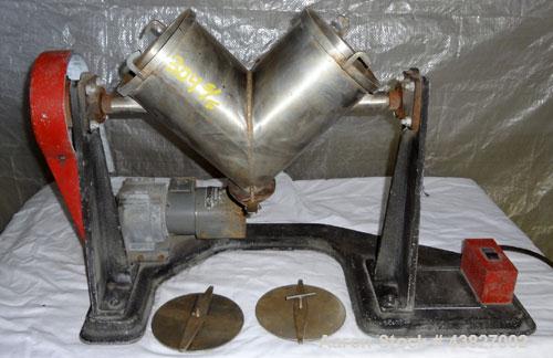 Used Patterson Kelley Twin Shell Dry Blender, 4 Quart Capacity (0.16 Cubic Feet), 304 Stainless Steel. (2) 5-1/2” diameter charge ports with quick release covers. Shells 5-1/2” diameter x 9-1/2” deep...