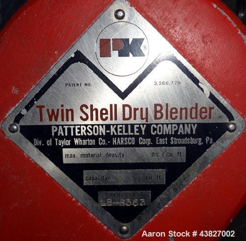 Used Patterson Kelley Twin Shell Dry Blender, 4 Quart Capacity (0.16 Cubic Feet), 304 Stainless Steel. (2) 5-1/2” diameter charge ports with quick release covers. Shells 5-1/2” diameter x 9-1/2” deep...