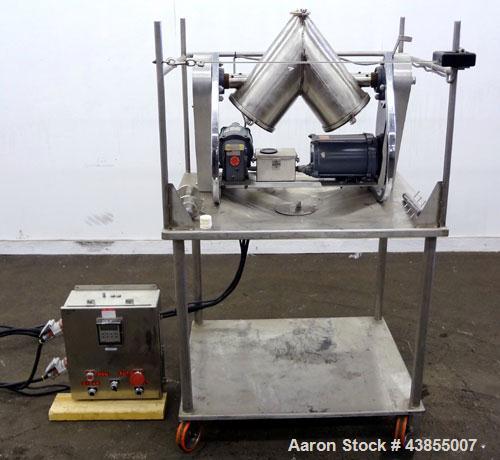 Used Patterson Kelley Twin Shell Liquid Solids Blender, 0.26 Cubic Feet Capacity (8 Quart), 304 Stainless Steel. 140 Pounds per cubic foot maximum material density. 2) 7” Diameter charge ports with q...