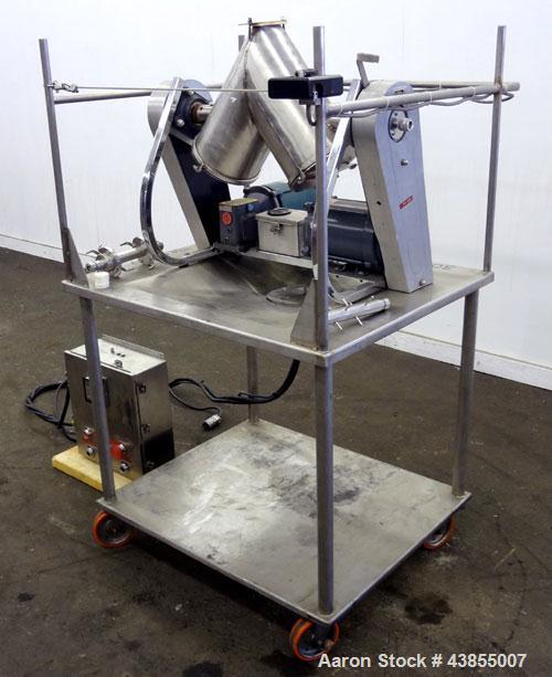 Used Patterson Kelley Twin Shell Liquid Solids Blender, 0.26 Cubic Feet Capacity (8 Quart), 304 Stainless Steel. 140 Pounds per cubic foot maximum material density. 2) 7” Diameter charge ports with q...