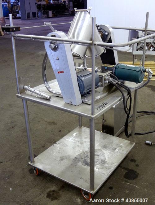 Used Patterson Kelley Twin Shell Liquid Solids Blender, 0.26 Cubic Feet Capacity (8 Quart), 304 Stainless Steel. 140 Pounds per cubic foot maximum material density. 2) 7” Diameter charge ports with q...