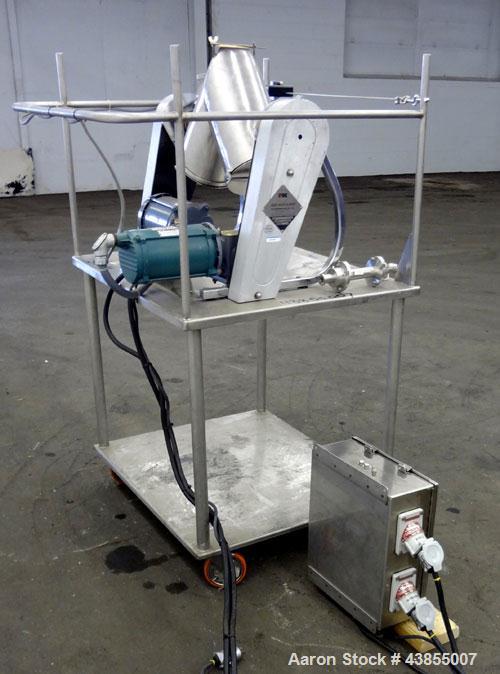 Used Patterson Kelley Twin Shell Liquid Solids Blender, 0.26 Cubic Feet Capacity (8 Quart), 304 Stainless Steel. 140 Pounds per cubic foot maximum material density. 2) 7” Diameter charge ports with q...