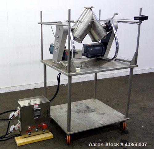 Used Patterson Kelley Twin Shell Liquid Solids Blender, 0.26 Cubic Feet Capacity (8 Quart), 304 Stainless Steel. 140 Pounds per cubic foot maximum material density. 2) 7” Diameter charge ports with q...
