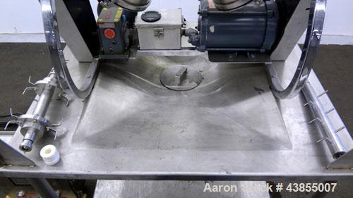 Used Patterson Kelley Twin Shell Liquid Solids Blender, 0.26 Cubic Feet Capacity (8 Quart), 304 Stainless Steel. 140 Pounds per cubic foot maximum material density. 2) 7” Diameter charge ports with q...