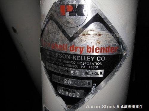 Used Patterson-Kelley Twin Shell Dry Blender, 20 Cubic Feet, Stainless Steel. 55 Pounds a cubic foot maximum material density, standard charge ports with covers, 6" discharge. Approximate 7.5 hp, 230...