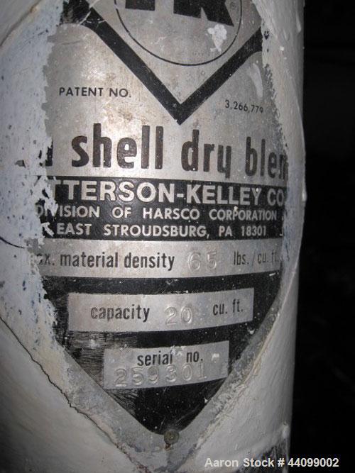 Used Patterson-Kelley Twin Shell Dry Blender, 20 Cubic Feet, Stainless Steel. 65 Pounds a cubic foot maximum material density, standard charge ports with covers, 6" discharge. Approximate 5 hp, 230/4...
