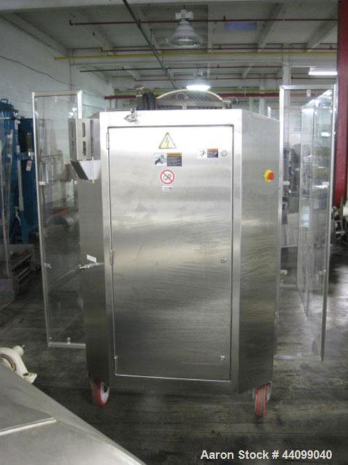 Used Patterson-Kelley Twin Shell Dry Blender, 5 Cubic Feet, Stainless Steel. 70 Pounds a cubic foot maximum material density. Approximate 1hp shell drive, and approximate 3hp, 460 volt bar drive. Ser...