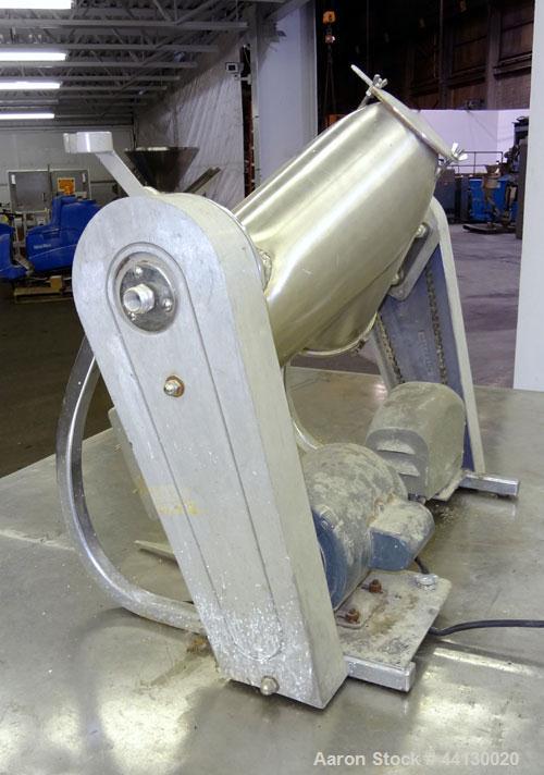 Used Patterson-Kelley Twin Shell Liquid Solids Blender, 8 Quart, (0.26) Cubic Feet Capacity, 304 Stainless Steel. (2) 7-1/2" Diameter charge ports with quick release covers. (1) Intensifier bar, driv...
