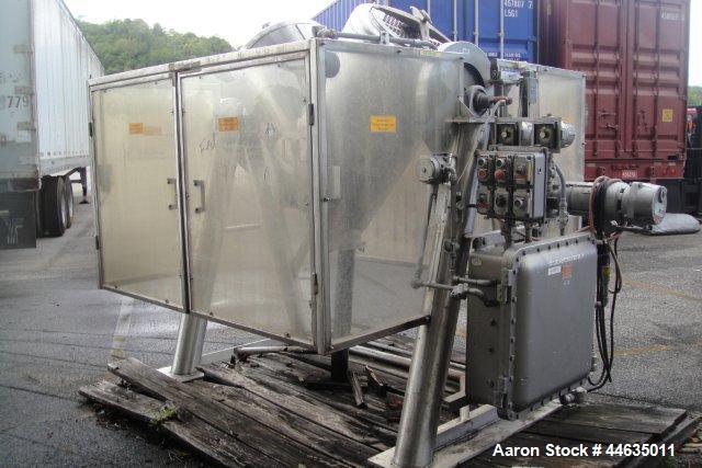 Used Patterson-Kelley Twin Shell Blender, 10 Cubic Feet. Stainless steel construction. Maximum material density 70 pounds per cubic foot. Designed for liquid feed intensifier bar with drive less bar,...