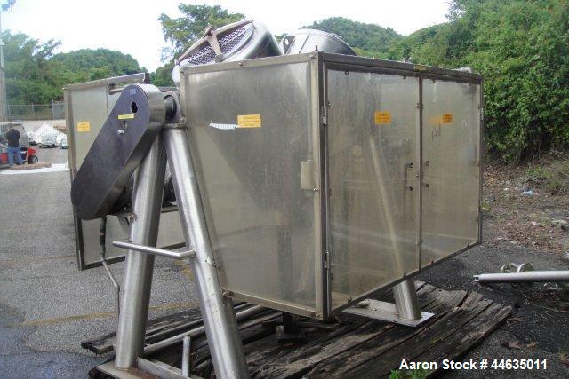 Used Patterson-Kelley Twin Shell Blender, 10 Cubic Feet. Stainless steel construction. Maximum material density 70 pounds per cubic foot. Designed for liquid feed intensifier bar with drive less bar,...