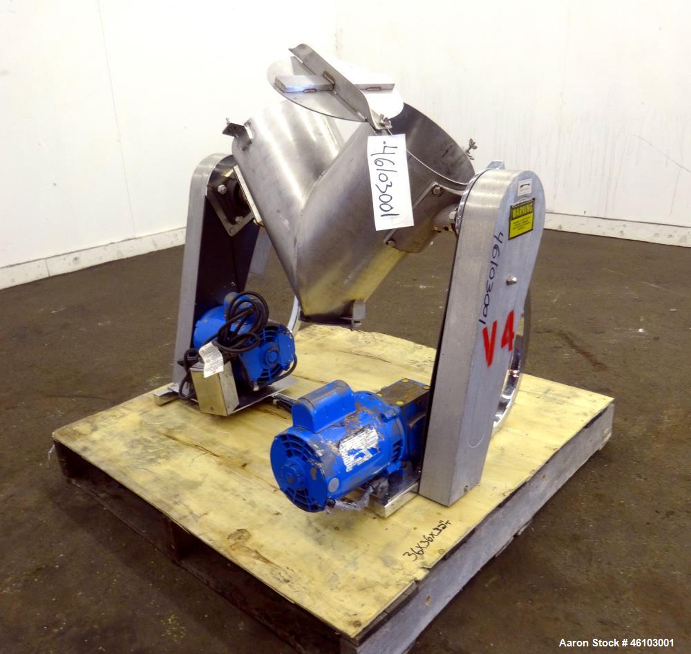 Used Patterson Kelley Twin Shell Dry Blender, 16 Quart Capacity (0.52 Cubic feet), 304 Stainless Steel. Maximum material density 200 pounds per cubic foot. (2) 9-1/4" Diameter charge ports with quick...