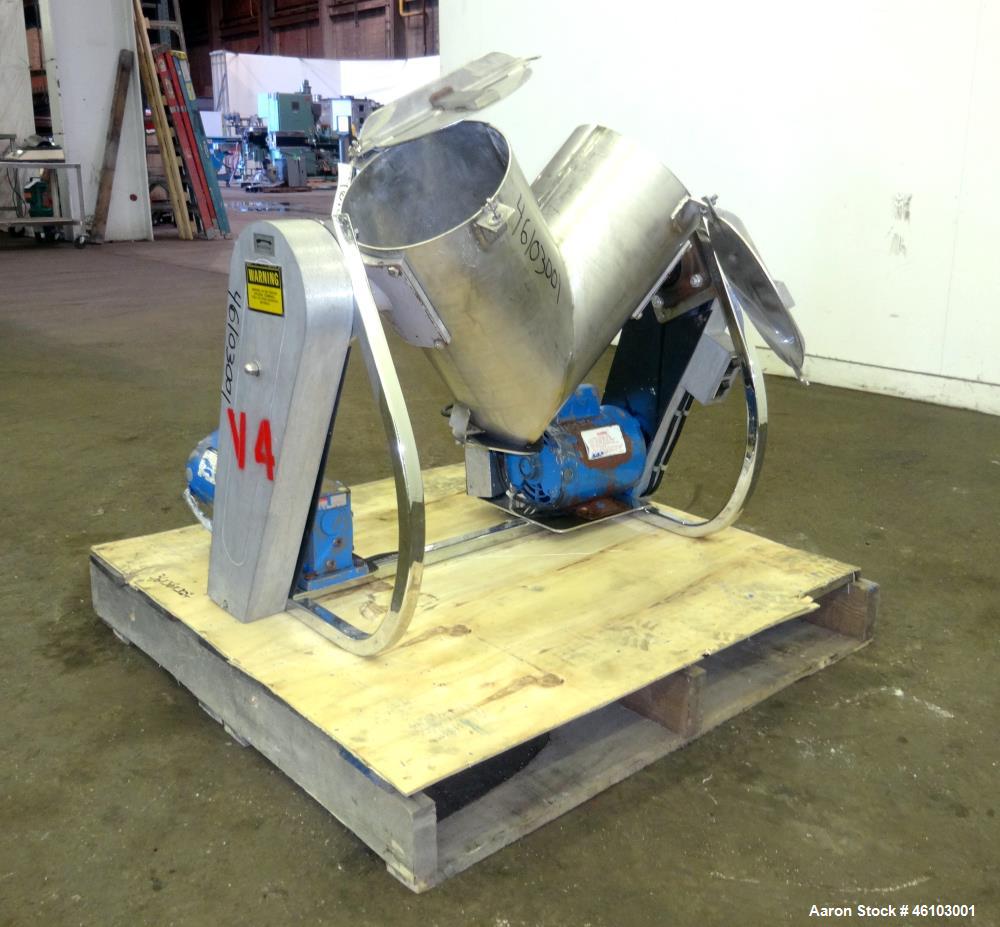 Used Patterson Kelley Twin Shell Dry Blender, 16 Quart Capacity (0.52 Cubic feet), 304 Stainless Steel. Maximum material density 200 pounds per cubic foot. (2) 9-1/4" Diameter charge ports with quick...