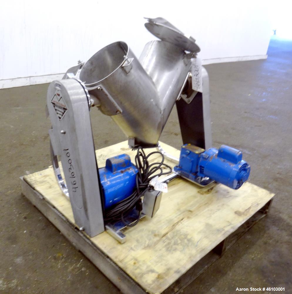 Used Patterson Kelley Twin Shell Dry Blender, 16 Quart Capacity (0.52 Cubic feet), 304 Stainless Steel. Maximum material density 200 pounds per cubic foot. (2) 9-1/4" Diameter charge ports with quick...