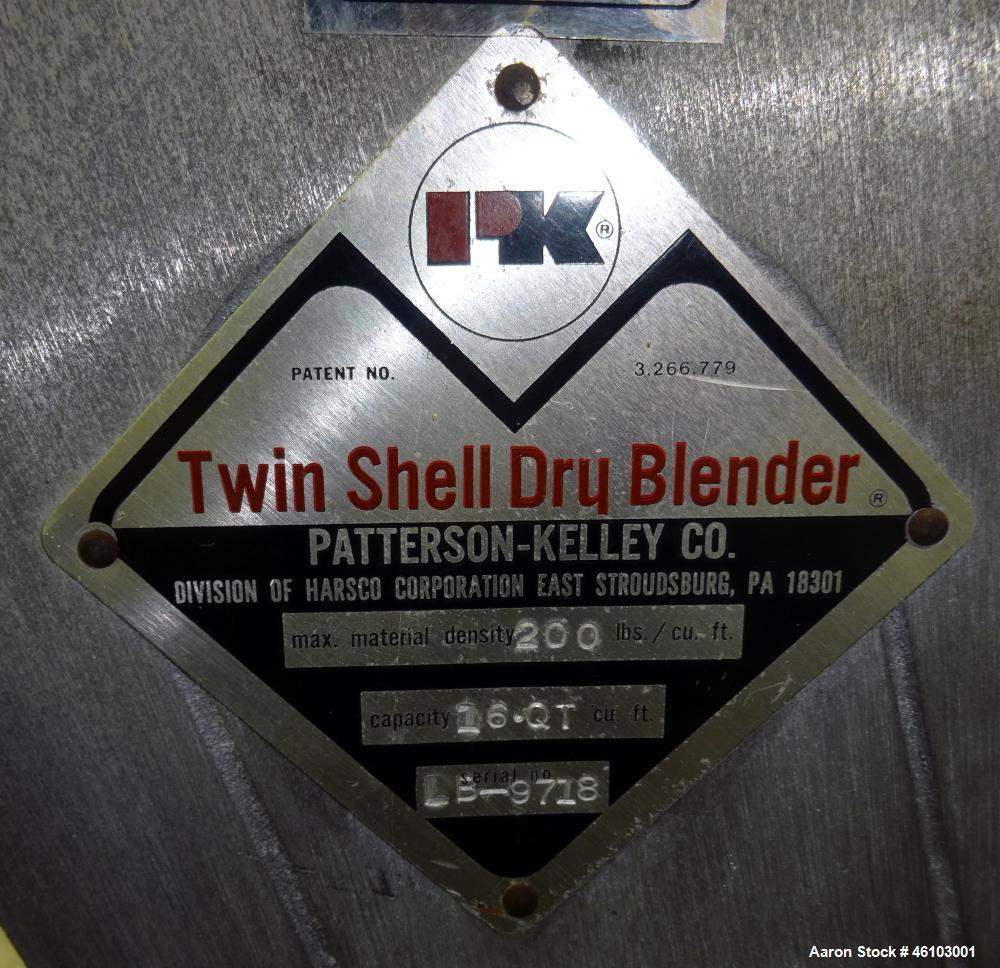 Used Patterson Kelley Twin Shell Dry Blender, 16 Quart Capacity (0.52 Cubic feet), 304 Stainless Steel. Maximum material density 200 pounds per cubic foot. (2) 9-1/4" Diameter charge ports with quick...