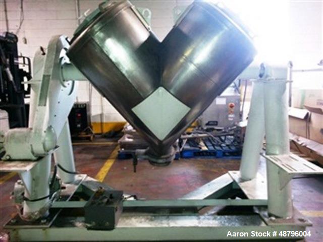 Used Patterson Kelley Vee Blender, 10 Cubic foot, Stainless Steel Twin Shell Blender. Stainless steel covers. Discharge valve painted stands control box. 1 1/2 hp, 208-230/460 v brake motor.