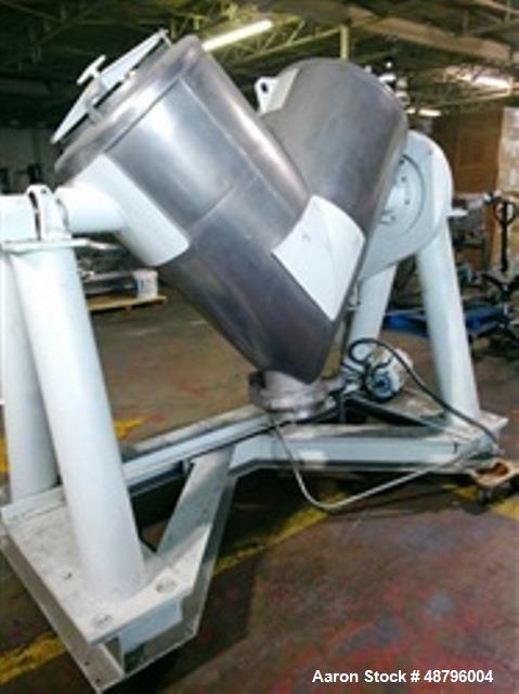 Used Patterson Kelley Vee Blender, 10 Cubic foot, Stainless Steel Twin Shell Blender. Stainless steel covers. Discharge valve painted stands control box. 1 1/2 hp, 208-230/460 v brake motor.