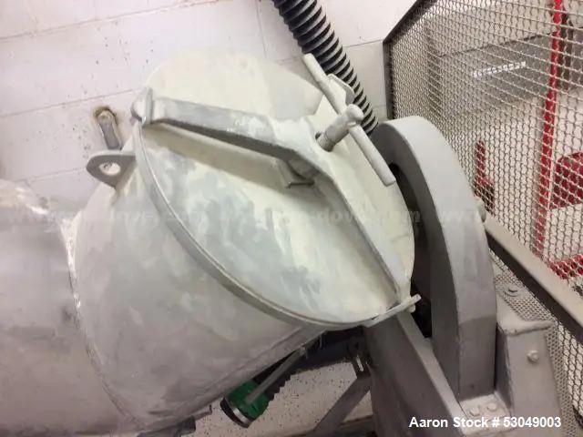 Used Patterson-Kelley 3 Cubic Foot V-blender, Stainless Steel. Max material density 230lbs per cubic foot. Quick change covers. Center bottom outlet with manual butterfly valve. Mounted on stand. Uni...