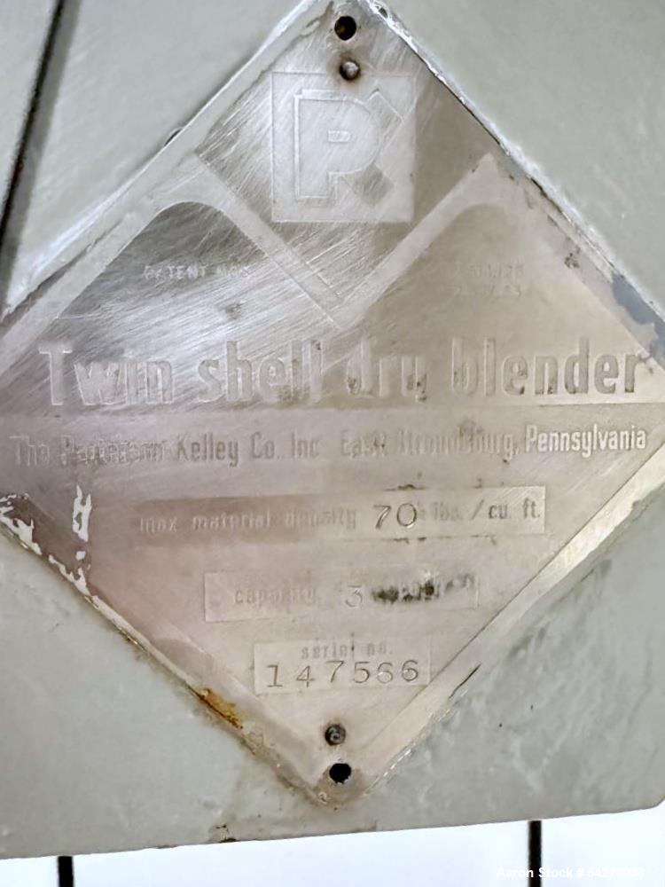 Used Patterson Kelley V-Blender. 3 cubic foot capacity. 70 lbs./cubic foot. Stainless steel. SN 147566.