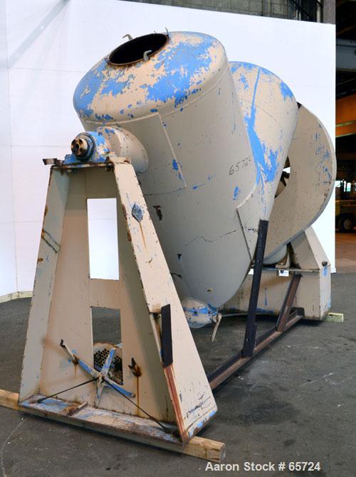 Used Patterson-Kelley Twin Shell Dry Blender, 75 Cubic Feet Working Capacity, Carbon Steel. Maximum material density 185 pounds a cubic foot. 18" Diameter charge ports with quick release covers, 12" ...