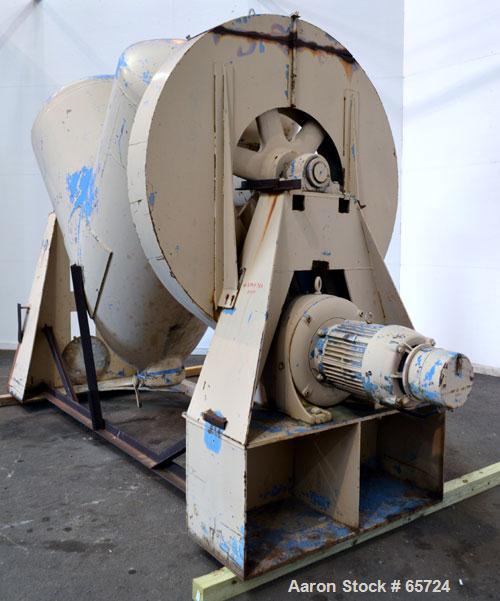 Used Patterson-Kelley Twin Shell Dry Blender, 75 Cubic Feet Working Capacity, Carbon Steel. Maximum material density 185 pounds a cubic foot. 18" Diameter charge ports with quick release covers, 12" ...