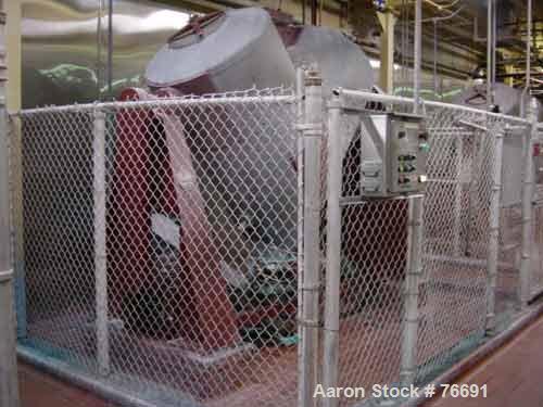 USED:Patterson Kelly 50 cu ft twin shell dry blender, stainless steel.Max material density 55 lb/cu ft. (2) 18" diameter top charge portswith quick release covers. Shell driven by a 5 hp, 3/60/208-22...