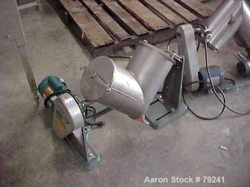 Used Patterson Kelley Twin Shell Dry Blender, .26 Cubic Foot (8 Quart) Capacity, Stainless Steel. Max material density 300 LBS/CuFt. 8" diameter cones, quick release covers, oval bottom outlet. Drive...