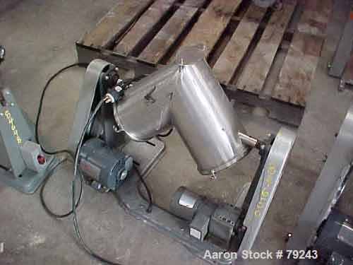Used Patterson Kelley Twin Shell Dry Blender, .26 Cubic Foot (8 Quart) Capacity, Stainless Steel. 8" diameter cones, oval bottom outlet. Driven by a .25 HP motor.