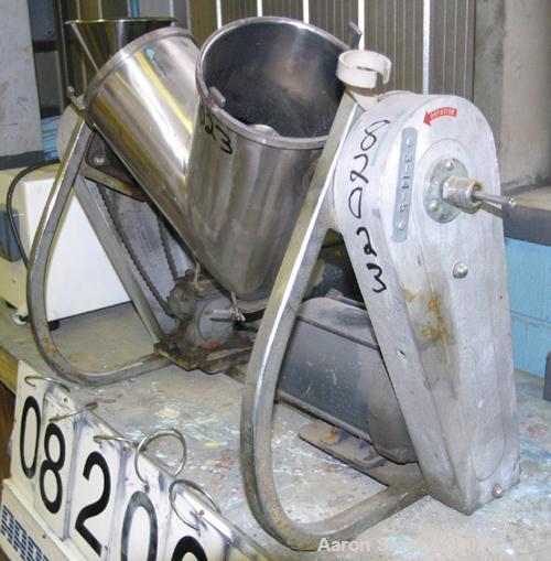 Used Patterson Kelley Twin Shell Dry Blender, .26 Cubic Foot Capacity (8 Quart), 304 Stainless Steel. Max material density 210 lbs per cubic foot. (2) 7 1/2" diameter x 13 1/2" deep shells. Requires ...
