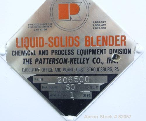 Used Patterson-Kelley Twin Shell Liquid-Solids Blender, 1 Cubic Foot Capacity, 304 Stainless Steel. Maximum material density 60 pounds per cubic foot. Solids bar with spray nozzle, driven by a 2hp, 3...