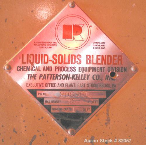 Used Patterson-Kelley Twin Shell Liquid-Solids Blender, 1 Cubic Foot Capacity, 304 Stainless Steel. Maximum material density 60 pounds per cubic foot. Solids bar with spray nozzle, driven by a 2hp, 3...