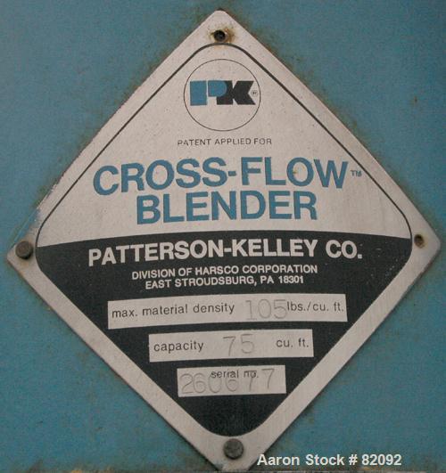 USED: Patterson Kelley Cross Flow Blender, 75 cubic feet, carbon steel. 105# cubic foot max material density. (2) 18" top charge ports with quick release covers. Shell driven by a 20 hp, 3/60/230/460...