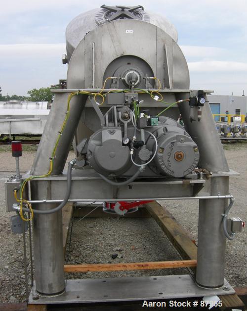 Used Patterson Kelly Twin Shell Liquid Solids Blender, 40 Cubic Feet Capacity, 304 Stainless Steel. Maximum material density 65 pounds per cubic foot. (2) 17-1/2" diameter charge ports with quick rel...