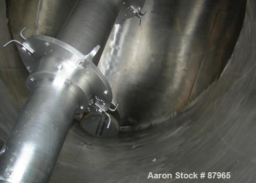 Used Patterson Kelly Twin Shell Liquid Solids Blender, 40 Cubic Feet Capacity, 304 Stainless Steel. Maximum material density 65 pounds per cubic foot. (2) 17-1/2" diameter charge ports with quick rel...