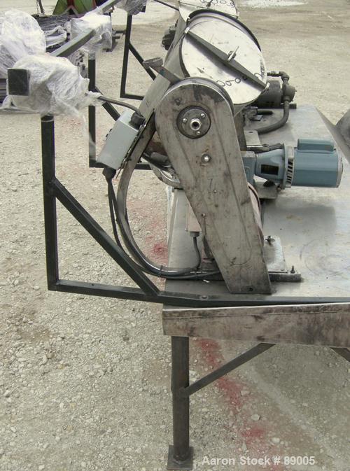 USED: Patterson Kelley twin shell liquid solids blender, 16 quart capacity (.52 cubic feet), 304 stainless steel. Max material density approximately 325 pounds per cubic foot. (2) 9" diameter charge ...