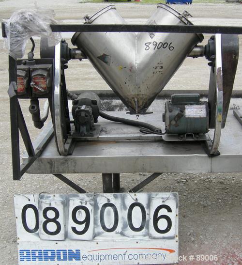 USED: Patterson Kelley twin shell blender, 16 quart capacity (.52 cubic feet), 304 stainless steel. Max material density approximately 325 pounds per cubic foot. (2) 9" diameter charge ports with qui...