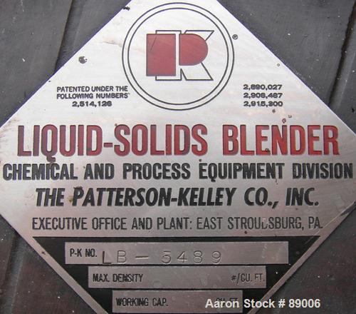 USED: Patterson Kelley twin shell blender, 16 quart capacity (.52 cubic feet), 304 stainless steel. Max material density approximately 325 pounds per cubic foot. (2) 9" diameter charge ports with qui...