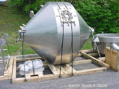 Used Paul O Abbe Double Cone Blender, Model 84RCB, 114 Cubic Feet Working Capacity, 304 Stainless Steel. 6'6" Diameter x 2'3" straight side x4' and 4'5" cones, 16" diameter top port with hinged cover...