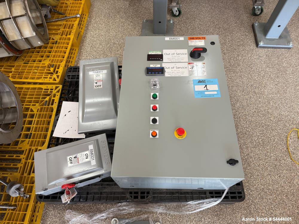 Unused Paul O Abbe Model BM-223 all-stainless-steel ball mill featuring a 2° tapered cylinder for full discharge and a split, hinged clamshell dry discharge housing. The cylinder measures 40 inches i...