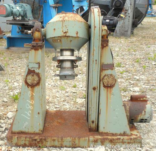 Used Paul O Abbe Double Cone Blender, Model RCVD9, .13 cubic foot working capacity, .2 total, 304 stainless steel. 9" diameter x 3" straight side x 3-1/2" cones. 3- 1/2" diameter inlet with cover, 3-...