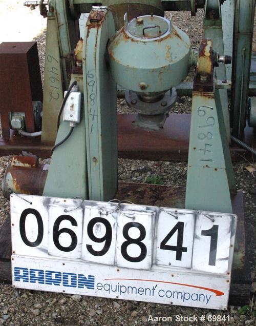 Used Paul O Abbe Double Cone Blender, Model RCVD9, .13 cubic foot working capacity, .2 total, 304 stainless steel. 9" diameter x 3" straight side x 3-1/2" cones. 3- 1/2" diameter inlet with cover, 3-...
