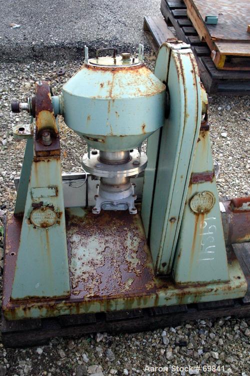Used Paul O Abbe Double Cone Blender, Model RCVD9, .13 cubic foot working capacity, .2 total, 304 stainless steel. 9" diameter x 3" straight side x 3-1/2" cones. 3- 1/2" diameter inlet with cover, 3-...