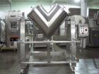 Used Bush Tank Fab Twin Shell Blender. 316 Stainless steel construction, rated 70#/cu ft max material density, provision for cantilevered bar less bar with 2 hp, 208 volt drive, main drive, 20