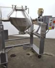 Used Gemco Slant Cone Blender, 5 Cubic Feet Working Capacity, 316 Stainless Steel. Approximately 31-1/2” diameter x 16” and 10” cones.  16” Diameter charge port with cover, 6” center bottom outlet wi...
