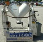 Used Patterson Kelley Twin Shell Liquid Solids Blender, 3 cubic feet capacity, 304 stainless steel. 60 pounds per cubic foot max material density. Liquid solids bar, driven by a 2 hp, 3/60/230/460 vo...