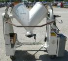 Used Patterson Kelley Twin Shell Liquid Solids Blender, 3 cubic feet capacity, 304 stainless steel. 60 pounds per cubic foot max material density. Liquid solids bar, driven by a 2 hp, 3/60/230/460 vo...