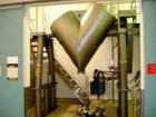 Used Patterson Kelley Twin Shell Crossflow Blender, 50 cubic feet, stainless steel construction. Rated 65 pounds per cubic foot maximum material density. Standard feed ports with covers, 10 outlet wi...