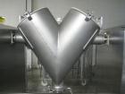Used Patterson-Kelley Twin Shell Dry Blender, 5 Cubic Feet, Stainless Steel. 70 Pounds a cubic foot maximum material density. Approximate 1hp shell drive, and approximate 3hp, 460 volt bar drive. Ser...